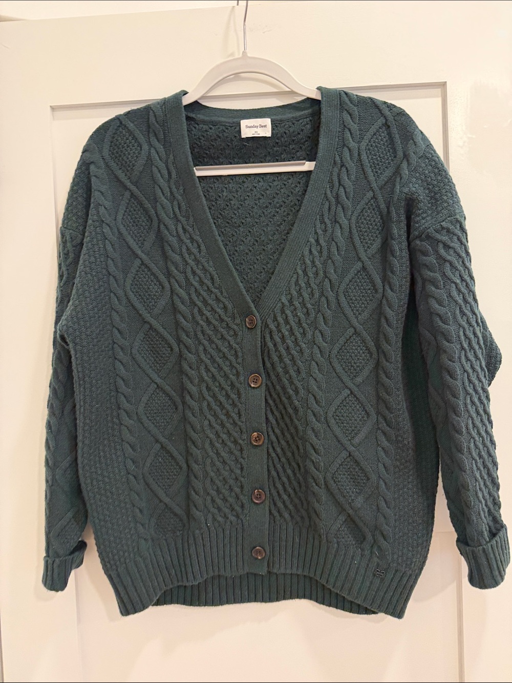 Aritzia Sunday Best Lamora Merino Wool Cable Knit Cardigan Forrest Green XS